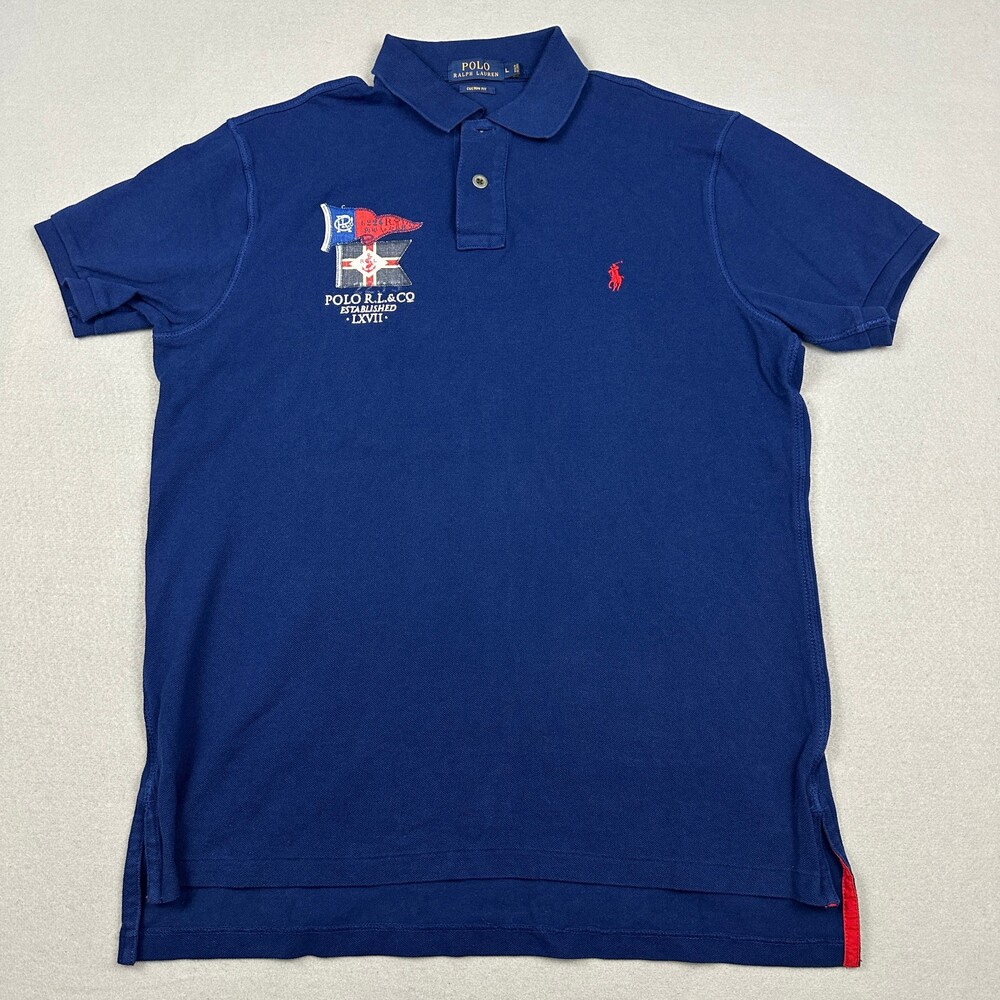 Polo Ralph Lauren Shirt Men Large Blue Custom Fit Nautical Graphic Flag Pony L